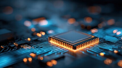 Close-up of a modern computer microchip with illuminated circuitry and electronic components.