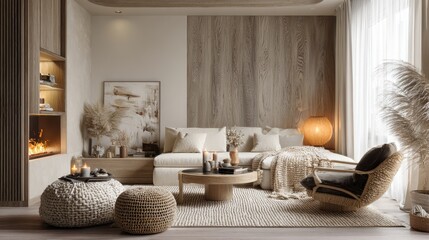 Cozy modern minimalist apartment living room, neutral decor palette, woven textures and layered fabrics, 3D render with a textured base