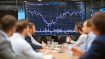 In a conference room, businesspeople talk about the market chart.  The financial staff looks at the stock crisis data on a big screen. - Powered by Adobe