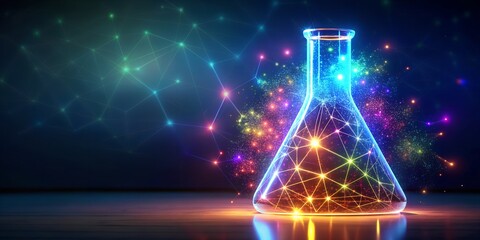 A glowing erlenmeyer flask filled with a vibrant liquid, surrounded by a network of interconnected lights, representing scientific discovery and innovation in chemistry