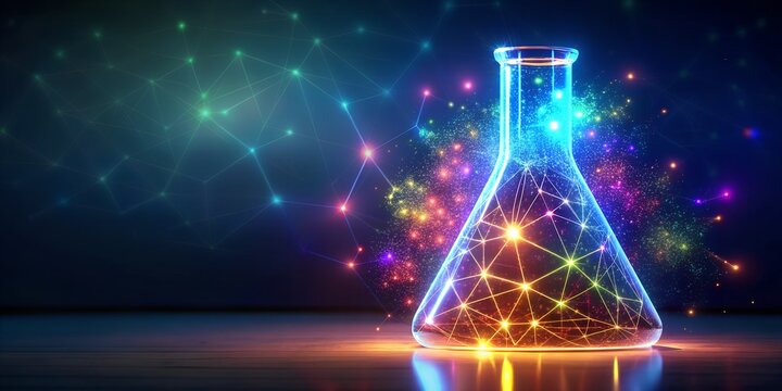 A glowing erlenmeyer flask filled with a vibrant liquid, surrounded by a network of interconnected lights, representing scientific discovery and innovation in chemistry