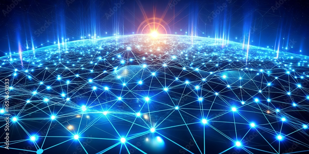 Poster global digital network connecting the world with abstract light and data, representing future techno