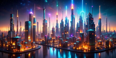 Obraz premium A futuristic cityscape with towering skyscrapers and vibrant neon lights reflecting on the water, showcasing the potential of urban development and artificial intelligence