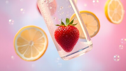 A strawberry in a clear glass with lemon slices and bubbles on a pink and blue gradient background
