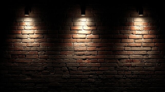 Dimly Lit Brick Wall with Overhead Spotlights Creating Warm Ambience.