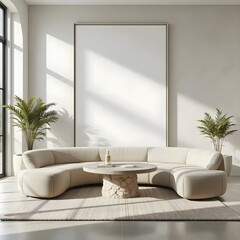Modern Beige Wall Poster Frame Mockup with 2:3 Ratio Vertical Frame, Sofa and Indoor Decorative Plant Arrangement