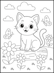 Happy Cat Sitting outside. Fun Black and White Printable Coloring Page for Children and Adults