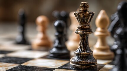 Strategic battle unfolds with detailed gold king chess piece commanding attention on checkered board