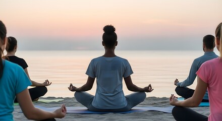 Group of diverse people practicing peaceful yoga and meditation on a tranquil beach at sunrise, finding serenity by the ocean's edge