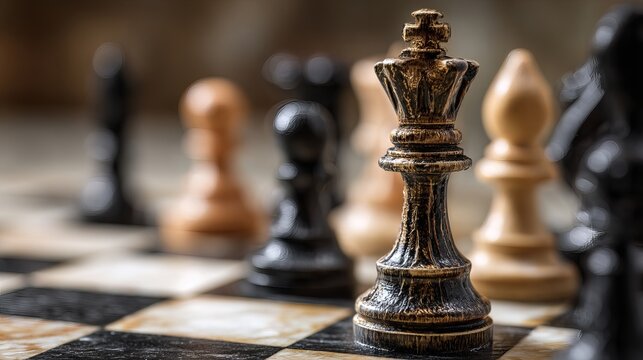 Strategic battle unfolds with detailed gold king chess piece commanding attention on checkered board