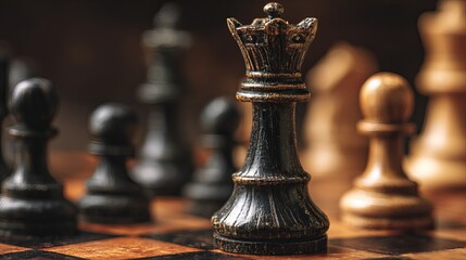 Strategic chess queen leads the game, symbolizing leadership, victory, and intellectual challenge.