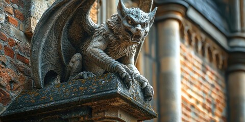 Gargoyle with wings and textured body crouches on stone ledge of Gothic building with blurred background. Generative by AI.