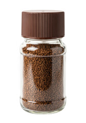 Close up studio shot of glass jar containing instant coffee granules on transparent background