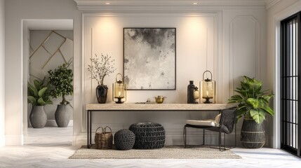 Stylish apartment interior featuring wall mockup above console table, cozy plants and decor pieces, modern luxury design, 3D render with textured base