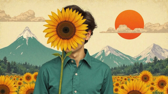 Sunflower-faced figure stands in field beneath surreal red sun sky.
 - Powered by Adobe