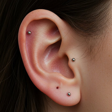 Detailed Close-up of a Human Ear with Multiple Piercings and Skin Texture