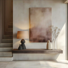elegant home entrance in contemporary style The picture should show an offwhite wall with a light beige tiled floor On a modern wooden console set against the wall