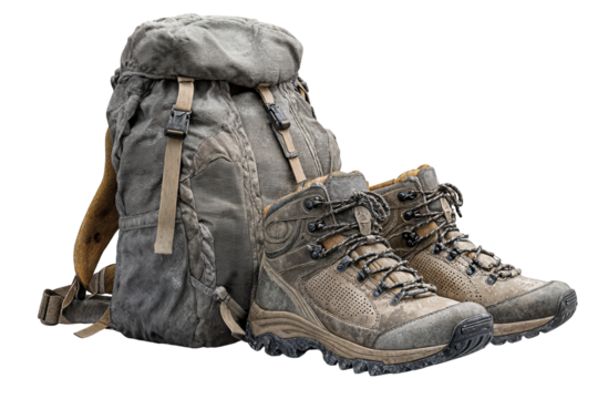 Durable hiking backpack and boots combination for outdoor adventures and wilderness exploration on transparent background