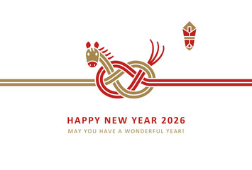 2026年午年年賀状　おしゃれな赤と金の馬の水引風デザイン