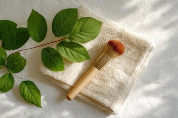 A natural makeup brush rests atop a cream-colored towel, with fresh green leaves adding a touch of serenity to the still life.