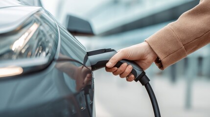 Electric vehicle charging station port being plugged into a modern electric car.