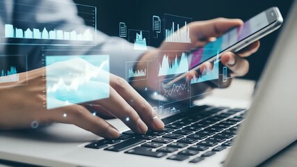 Person using digital tablet with laptop showing data analysis and futuristic technology - Powered by Adobe