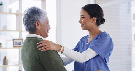 Obraz premium Happy women, nurse and senior patient with checkup for healthcare, visit or appointment in home. Female people, caregiver and smile with elderly care for support, assisted living or trust in house