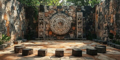 Circular stone ritual site surrounded by engraved stone pillars and seats, set in jungle clearing with dense vegetation. Generative by AI.