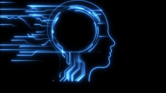 A human head silhouette contains bright neon circuits with connecting lines, representing the concept of artificial intelligence and data processing 4k motion video. - Powered by Adobe