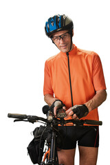Portrait of smiling athletic male cyclist holding ultrasonic dog repeller. Cyclist prepared with...