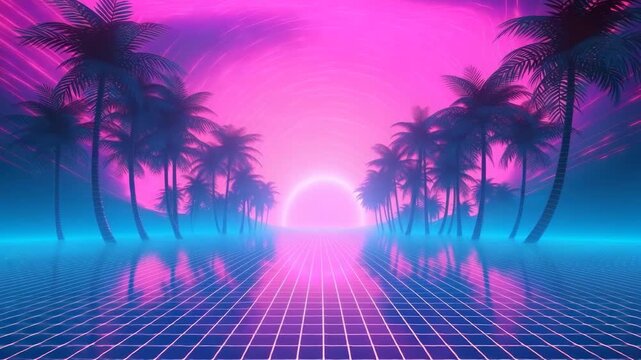 Retro Futuristic Sunset with Palm Trees and Grid
