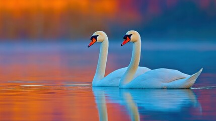 Elegant Pair of Swans Gliding on Calm Water at Sunset with Vibrant Colors.