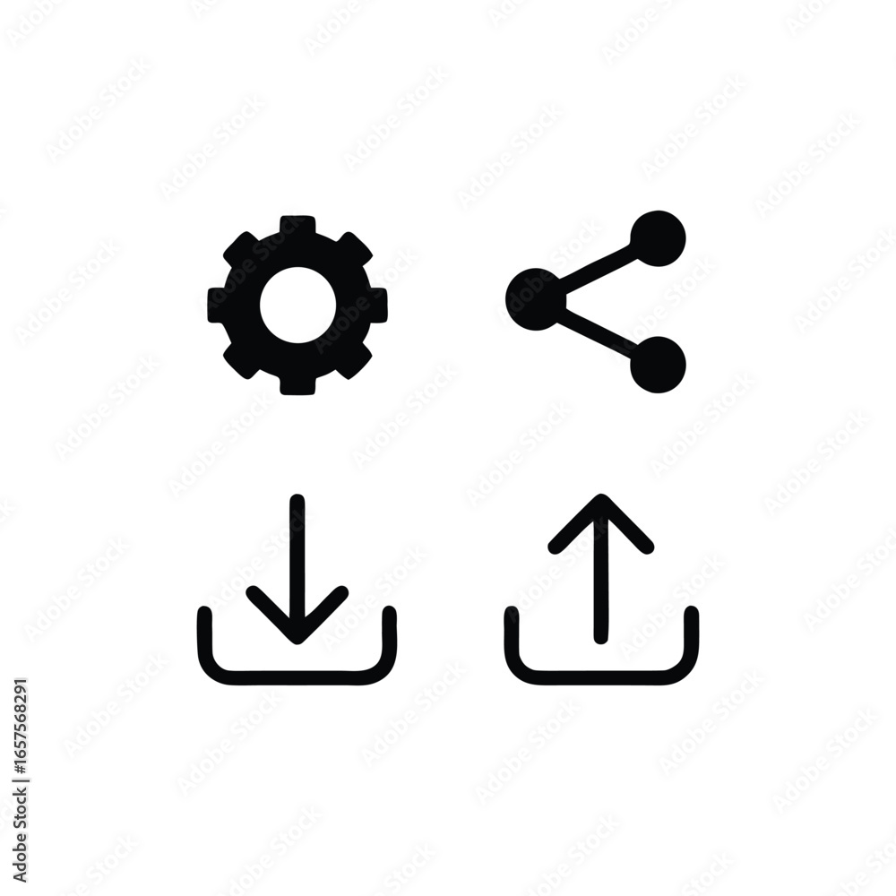 Poster Icon Set of Settings Share Download and Upload Arrows Depicting Common Actions in Digital Platforms Applications and User Interfaces