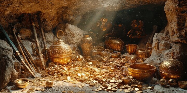 Pile of gold coins, shields, swords, golden vessels, and treasures in stone chamber lit by sunlight from above. Generative by AI.