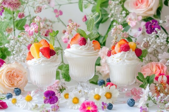 Three dessert dishes topped with whipped cream and fresh fruit. - Powered by Adobe