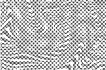 Wavy abstract halftone pattern. Dotted lines gradient on white background. Textured curve liquid grid. Vector illustration