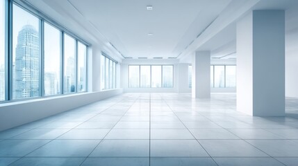 Bright spacious empty modern office interior with large windows overlooking city skyline.