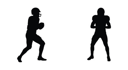 Two black silhouettes of american football players in different poses on white background