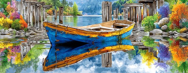 Obraz premium Monsoon river boat journey Serene blue boat on reflective water landscape. Tropical rainy season travel Traditional boat on wet season river