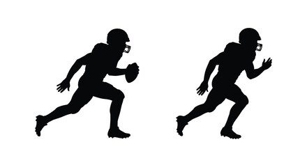 Two american football players running with and without ball in silhouette