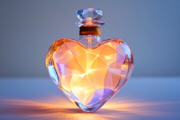 Heart-shaped glass bottle illuminated from within.