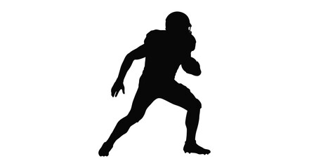 American football player running with ball in dynamic pose on white background silhouette