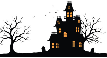A spooky haunted house with trees and birds on a white background silhouette