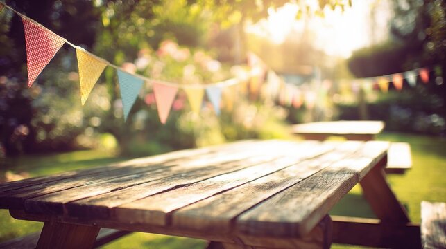 Cozy outdoor picnic area with wooden table colorful bunting and sunny garden scene.