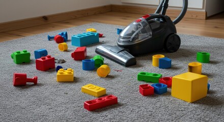 Obraz premium Colorful building blocks are scattered on a gray carpet near a black vacuum cleaner