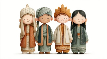 "Flat Design World Culture: Diverse Group of Children in Traditional Clothing for Inclusive Global Education Materials and Social Studies Content