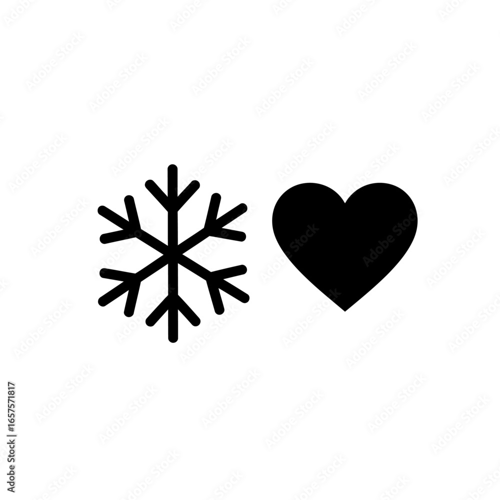 Poster a simple black and white image showing a snowflake and a heart on a white background isolated