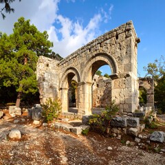 Ancient Stone Arch Ruins, Sunny Day, Mountainside