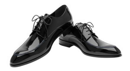 Pair of shiny black leather dress shoes isolated on transparent background