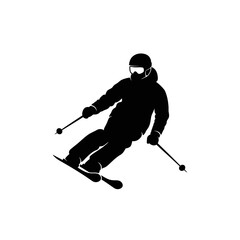 A silhouette of a person skiing downhill with poles and wearing a helmet and goggles on a white background